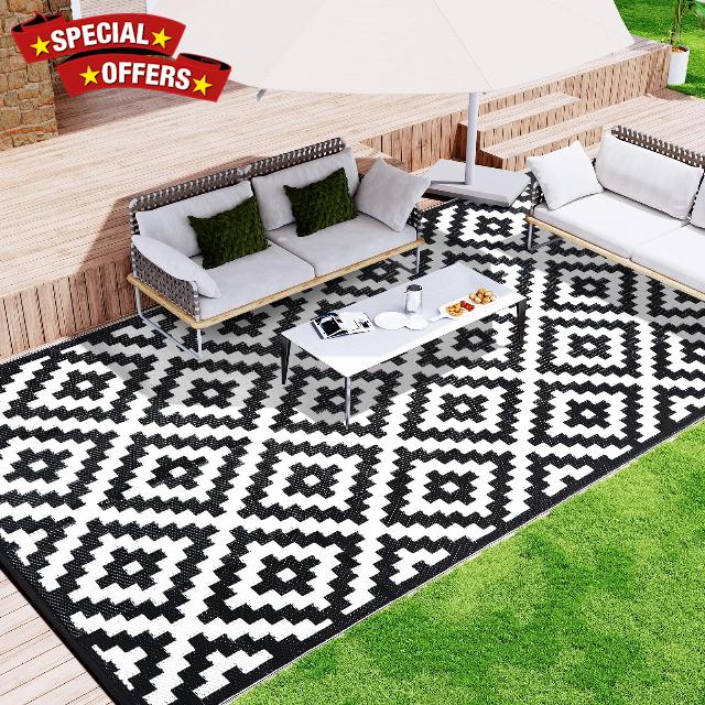 WondRg Outdoor Plastic Straw Rug 5x8 Black White Geometric Printed Reversible Outdoor Mat Waterproof Lightweight Outdoor Area Carpet for Patio RV Camping Porch Balcony Deck