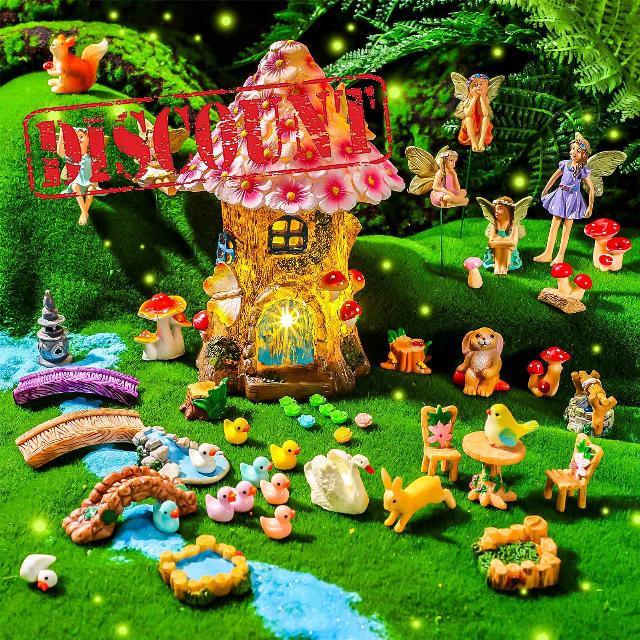 Poen 50 Pcs Fairy Garden Accessories Fairies Miniatures Kit Glow in The Dark Fairy House Solar Power Fairy Garden Animals Bridge Pond Figurines Blue Sands Outdoor Decor (Pink)