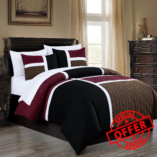 Chezmoi Collection Bernard 7-Piece California King Bed in a Bag Comforter Set with Sheets - Lightweight Comforter Burgundy Black Brown Patchwork Quilted Medallion Bedding Set for All Season