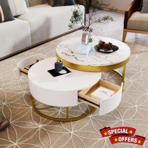 Merax Round Nesting Coffee Table Set of 2 with Golden Frame Circular and Marble Pattern
