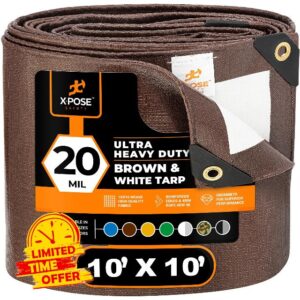 10' x 10' Brown/White Ultra Heavy Duty Tarp - 20 Mil Tarps Heavy Duty Waterproof 10x10 - Large Outdoor Tarp