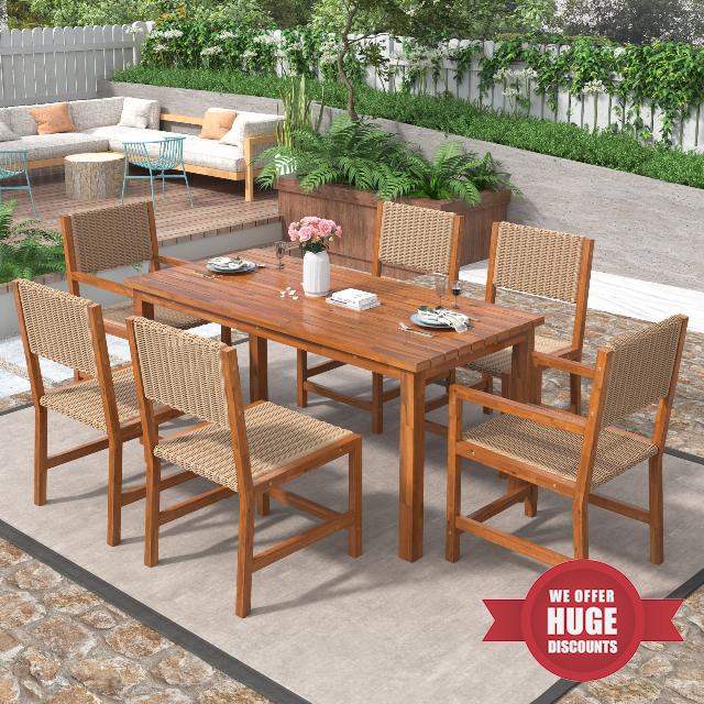 BIADNBZ 7 Pieces Outdoor Furnture Rattan Patio Dining Set with Acacia Wood Table Top and Chairs for 6 Person