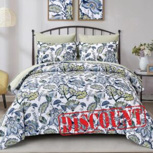 Dinjoy Floral Comforter Set King Size 7 Pieces Bed in A Bag Blue Green Botanical Leaves Branch Butterfly Bedding Set (1 Comforter