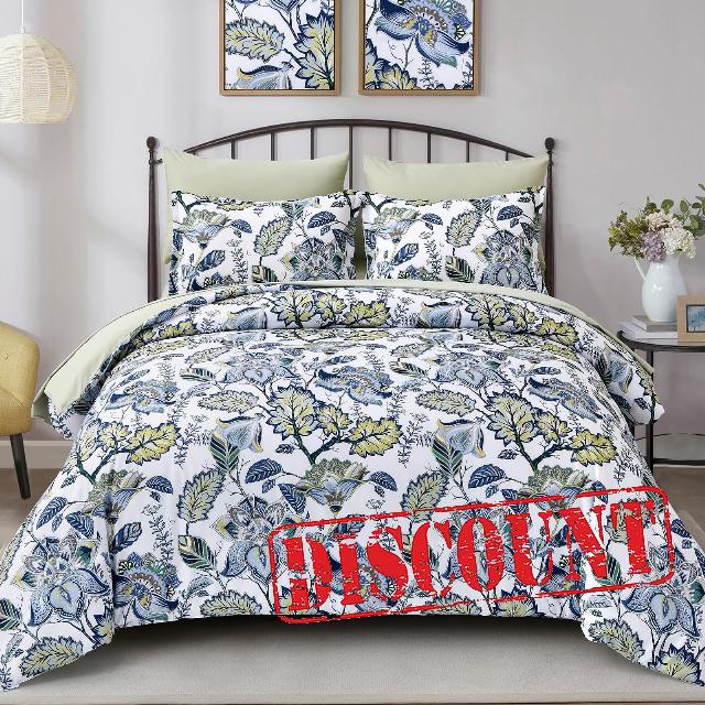 Dinjoy Floral Comforter Set King Size 7 Pieces Bed in A Bag Blue Green Botanical Leaves Branch Butterfly Bedding Set (1 Comforter