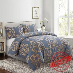 Marina Decoration Soft Silky Rich Printed Rayon from Bamboo All Season 4 Pieces Duvet Cover Fitted Sheet Ensemble Bedding Set with Zipper and Corner Tie