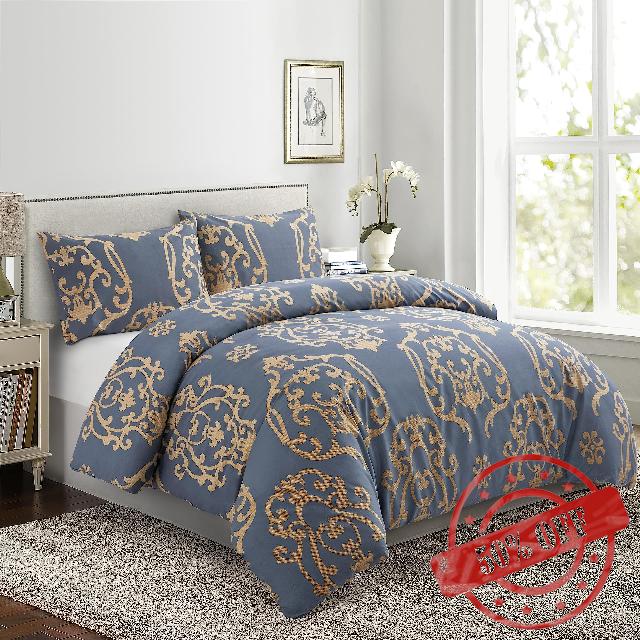 Marina Decoration Soft Silky Rich Printed Rayon from Bamboo All Season 4 Pieces Duvet Cover Fitted Sheet Ensemble Bedding Set with Zipper and Corner Tie