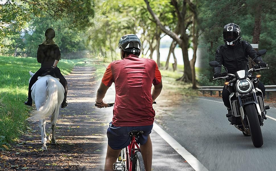 Horse rider, cyclist and motorcyclist
