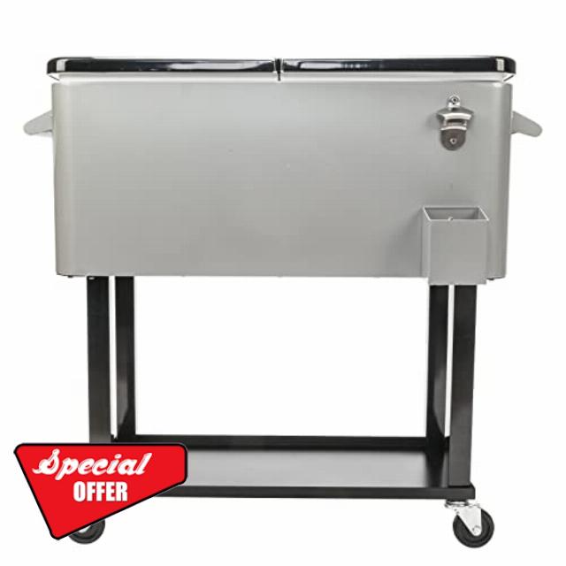 80QT Rolling Cooler Cart - Ice Chest Beverage Cooler with Bottle Opener and Drainage Cap - Portable Outdoor Cooler Cart with Dual-Sided Lid and Shelf - Pool Party Outdoor Bar on Wheels