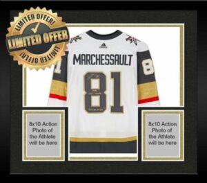 Framed Jonathan Marchessault Vegas Golden Knights Autographed White Adidas Authentic Jersey with Multiple Inscriptions and 2023 Stanley Cup Final Patch - Limited Edition of 23 - Autographed NHL