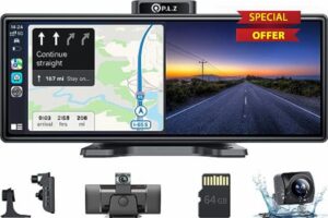 PLZ Portable Wireless with Apple Carplay Android Auto Touch Screen Car Stereo 9.3" HD IPS Display 2.5K Dash Cam 1080P Backup Camera Navigation Bluetooth Audio Receiver AirPlay MirrorLink Cast Radio