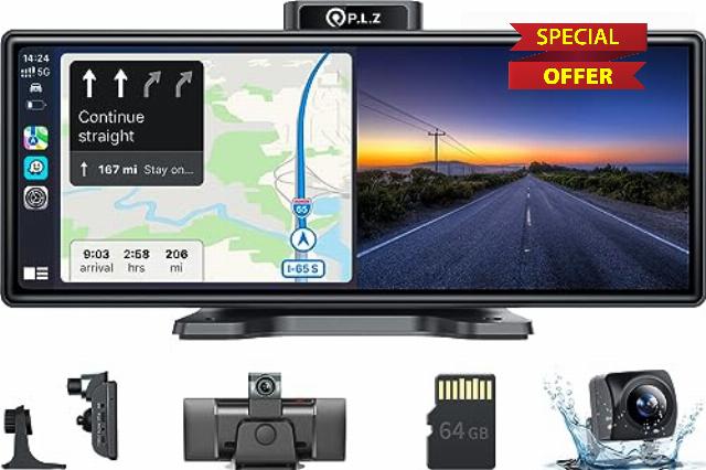 PLZ Portable Wireless with Apple Carplay Android Auto Touch Screen Car Stereo 9.3" HD IPS Display 2.5K Dash Cam 1080P Backup Camera Navigation Bluetooth Audio Receiver AirPlay MirrorLink Cast Radio
