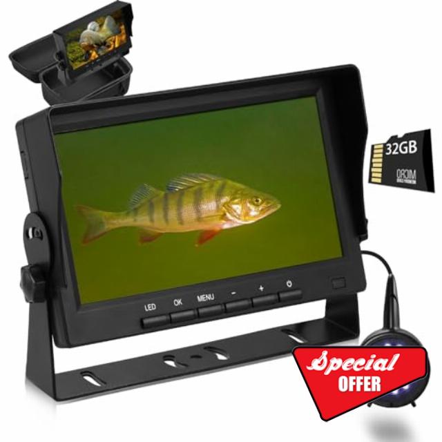 MOQCQGR Underwater Fishing Camera DVR w/Bracket - 7 inch Ice Fishing Camera Underwater w/ 12pcs+12pcs Filling Light