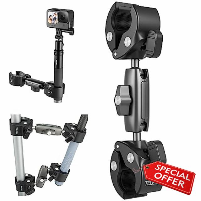 Aluminum Dual-Ball Clamp Mount for Motorcycle Bicycle Bike Extension Rod Selfie Stick Pole Clamping Mounting Accessories Compatible for GoPro Insta360 DJI Action Phones (Dual-Ball Clamp Mount)