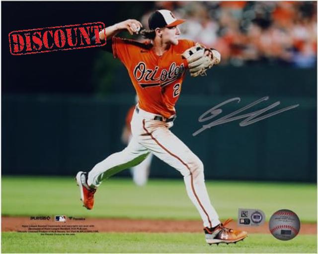 Gunnar Henderson Baltimore Orioles Autographed 8" x 10" Orange Jersey Throwing Photograph - Autographed MLB Photos