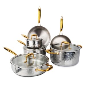 imarku 10-Piece Tri-Ply Hammered Stainless Steel Cookware Set with Golden Handle
