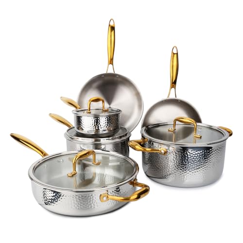 imarku 10-Piece Tri-Ply Hammered Stainless Steel Cookware Set with Golden Handle