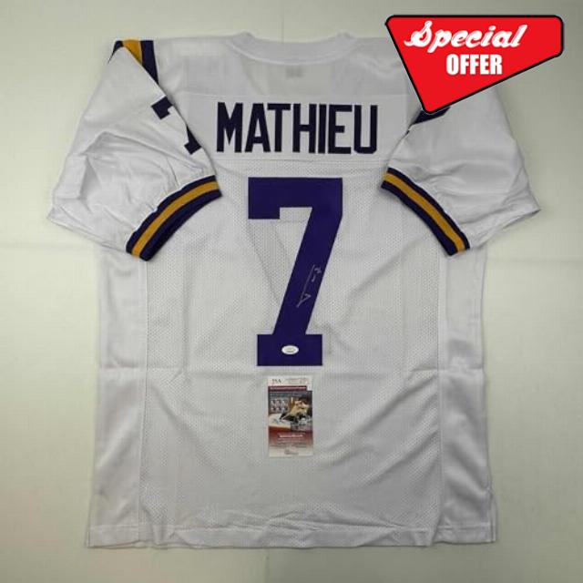 Autographed/Signed Tyrann Mathieu LSU White College Football Jersey JSA COA