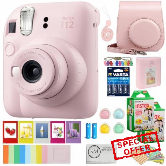 FUJIFILM INSTAX Mini 12 Instant Film Camera | Blossom Pink Bundled with INSTAX Mini Instant Film |40 Exposures + Instax Accessory Bundle + AA Batteries + Cleaning Cloth (10 Items)