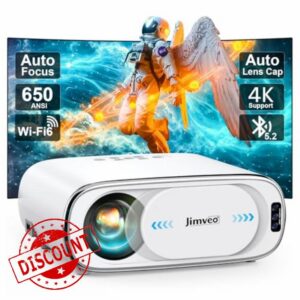 [Auto Focus+Auto Lens Cap] 4K-Outdoor Pojector with WiFi 6 and Bluetooth: Upgrade 650 ANSI Jimveo Native 1080P Portable Movie Projector