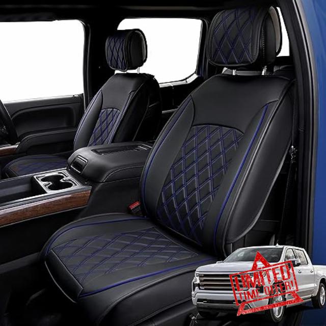 5 pcs Seat Covers for GMC Sierra Chevy Chevrolet Silverado 1500 2500HD 3500HD 2007-2024 Accessories Trail Boss Z71 Crew Double Extended Cab Waterproof Leather Truck Pickup Cuchion Blue