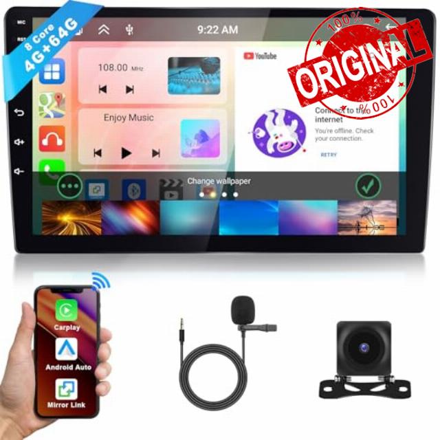 Car Stereo Android 13 4GB+64GB 8 Core 10.1 Inch IPS Touch Screen Stereo GPS Navigation with Wireless Carplay Wireless Android Auto Mirror Link Double Din Car Radio Bluetooth DSP