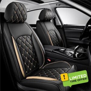 ANKIV Universal Fit Full Set for 5 Seats Breathable Waterproof Non-Slip Leather Car Seat Protectors Cushion for Sedan SUV Pickup Truck (Black Gold