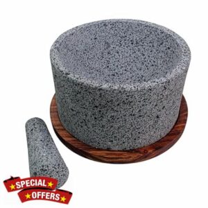 Chilmamolli Authentic Mexican Molcajete: 12-inch Volcanic Stone Grinder with Parota Wood Base - 1 Gallon Capacity