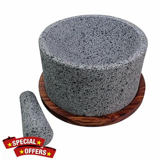 Chilmamolli Authentic Mexican Molcajete: 12-inch Volcanic Stone Grinder with Parota Wood Base - 1 Gallon Capacity
