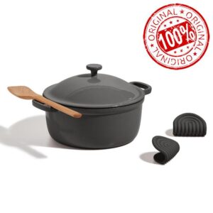 Our Place Cast Iron Perfect Pot | 6-in-1 Multifunctional 5.5 Qt. Toxin-Free Enameled Dutch Oven with Self-Basting Lid | Hot Grips & Beechwood Scraper | Induction Cooktop and Oven Safe | Char