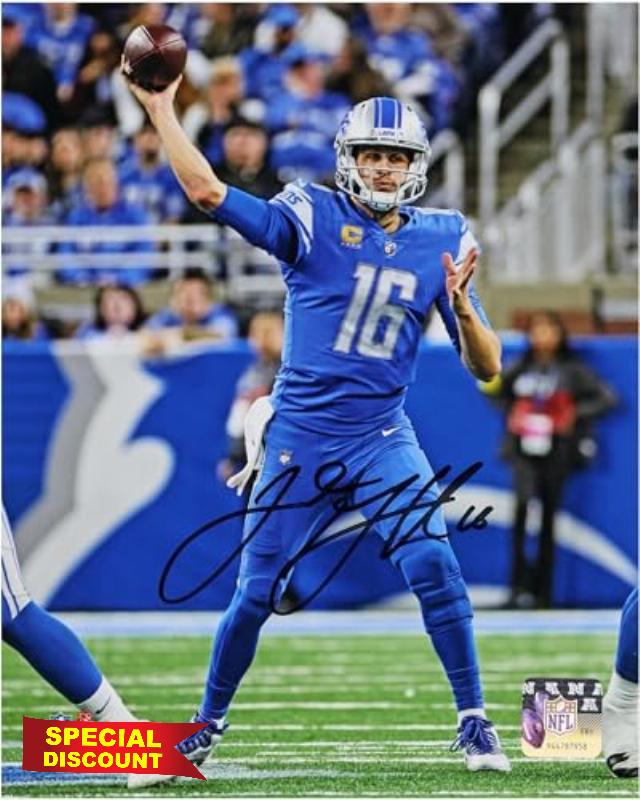 Jared Goff Detroit Lions Autographed 8" x 10" Throwing in Blue Photograph - Autographed NFL Photos