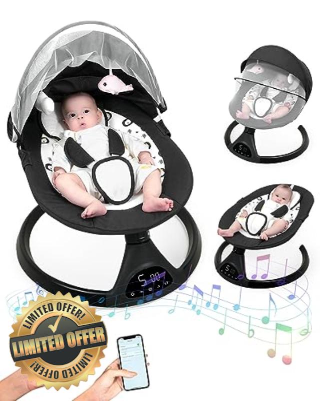 Queerick Baby Swing for Infants to Toddler Portable Babies Swing Timing Function 5 Swing Speeds Bluetooth Touch Screen Music Speaker with 10 Preset Lullabies 5 Point
