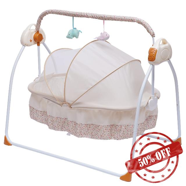 JAJADAH Baby Cradle Electric Swing Auto Rocking Chair Bed 5 Speed Stand Crib Infant Musical Sleeping Basket with Remote Control for 0-18 Months Newborn Babies (Khaki)
