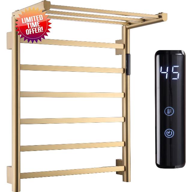 YJROOMS Towel Warmer Bathroom Top Fold 9 Bars Heated Stainless Steel Towel Rack with 1-24 Hour Timer 45-70°C Adjustable Temperature