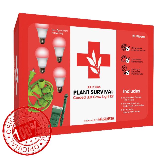 Miracle LED Plant Survival Indoor Grow Light Kit - 4 Multi-Plant Red Spectrum 150W Replacement Grow Light Bulbs & 1 4-Socket Corded Fixture with SproutMatic Timer (4-Pack)
