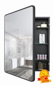 FOMAYKO Farmhouse Black Metal Framed Recessed Bathroom Medicine Cabinet with Mirror Rounded Rectangle Vanity Mirros for Wall 22x30 inch