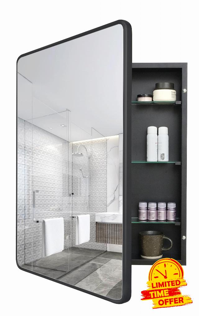FOMAYKO Farmhouse Black Metal Framed Recessed Bathroom Medicine Cabinet with Mirror Rounded Rectangle Vanity Mirros for Wall 22x30 inch