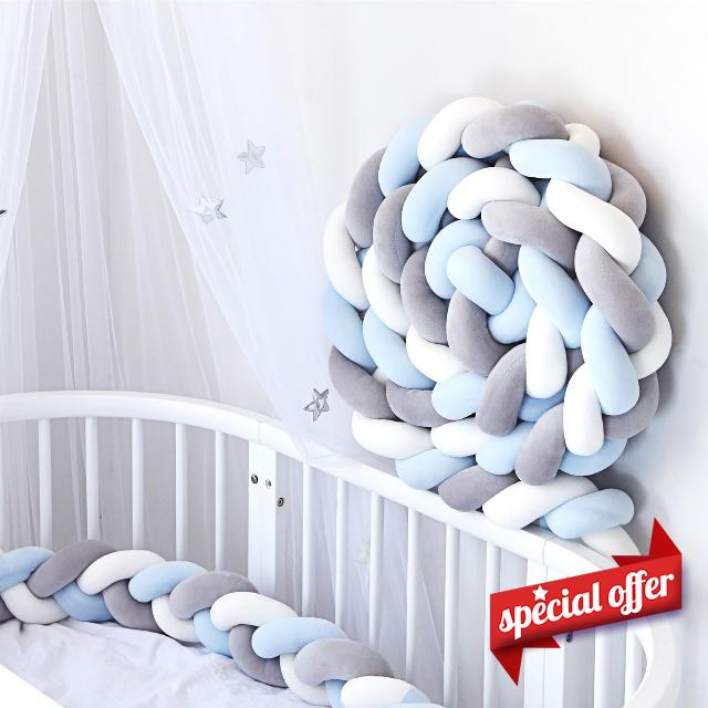 ROVIES Braided Crib Bumper Knot Pillow - 100% Cotton Soft Knotted Cot Bumpers - Baby Bed Braided Knot Pillow Cushion Anti-collision Head Guard Cot Bumper All Round Protector (H 2M)