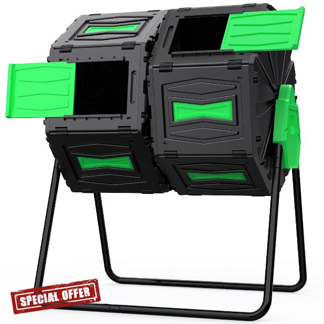 EFURDEN Dual Chamber Compost Tumbler Outdoor Rotating Composter