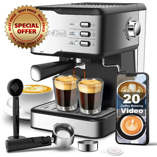 Geek Chef 20 Bar Espresso Coffee Machine Cappuccino latte ESE pob Maker with filter&Milk Frother Steam Wand