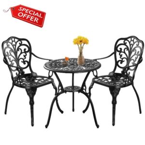 PATIO-IN 3 Piece Bistro Table Set Outdoor Bistro Set Cast Aluminum Patio Bistro Set of 2