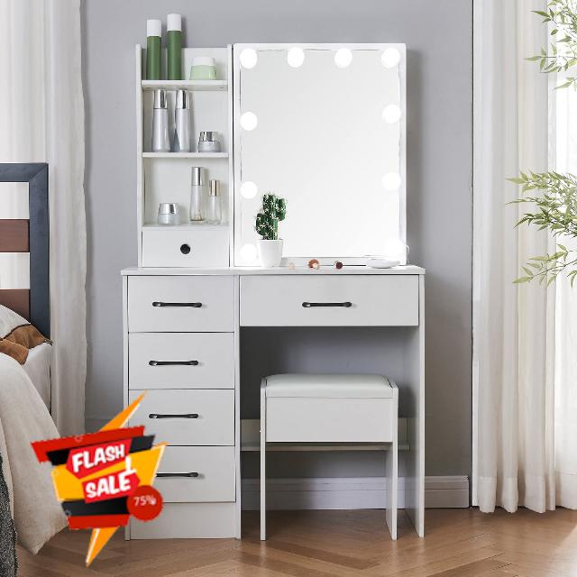 Caulitar White Makeup Vanity Set with Sliding Lighted Mirror
