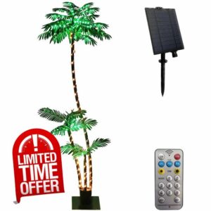 SOSHOT 7FT Lighted Artificial Solar Palm Tree with Three Trunks and 260 LED Lights - Ideal for Outdoor/Indoor Use