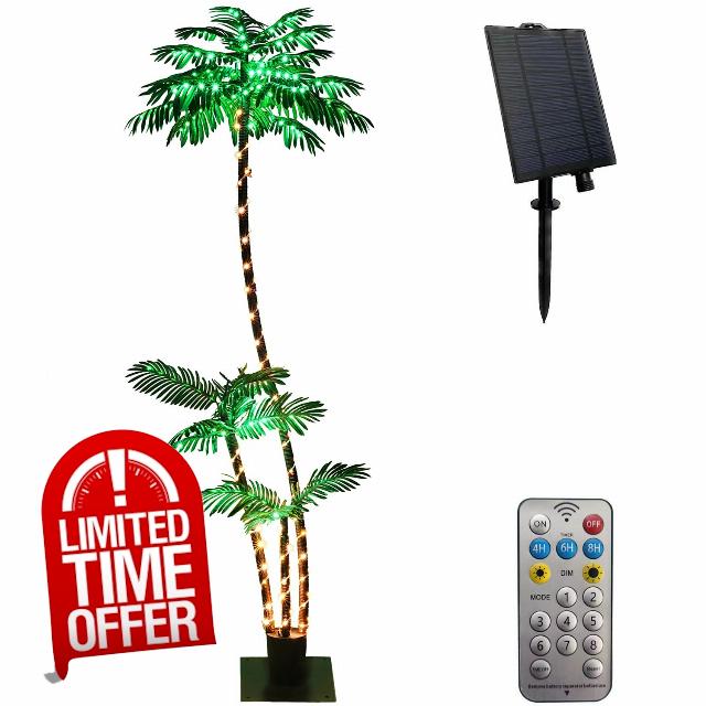 SOSHOT 7FT Lighted Artificial Solar Palm Tree with Three Trunks and 260 LED Lights - Ideal for Outdoor/Indoor Use