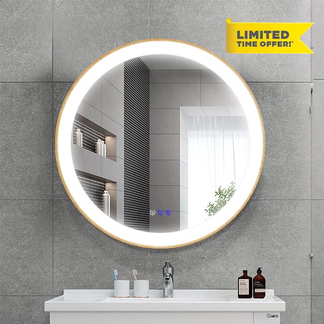 Onyltd 24 inch LED Wood Grain Frame Round Bathroom Mirror with Lights Smart 3-Color Dimmable Makeup Mirror Wall Mounted Lighted Vanity Mirror Anti-Fog Circle Wall Mirror Plug-in Lgiht up Mirror
