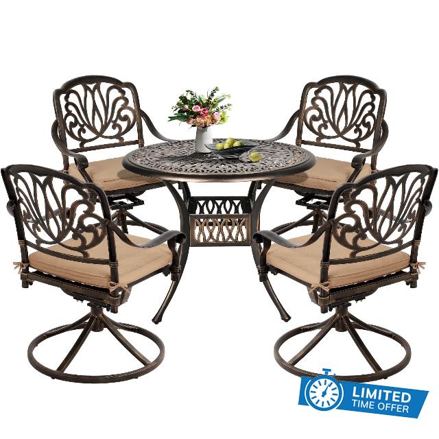 USSerenaY 5-Piece Outdoor Dining Set Cast Aluminum Patio Furniture Set All-Weather 4 Chairs and Dining Table with Umbrella Hole for Garden