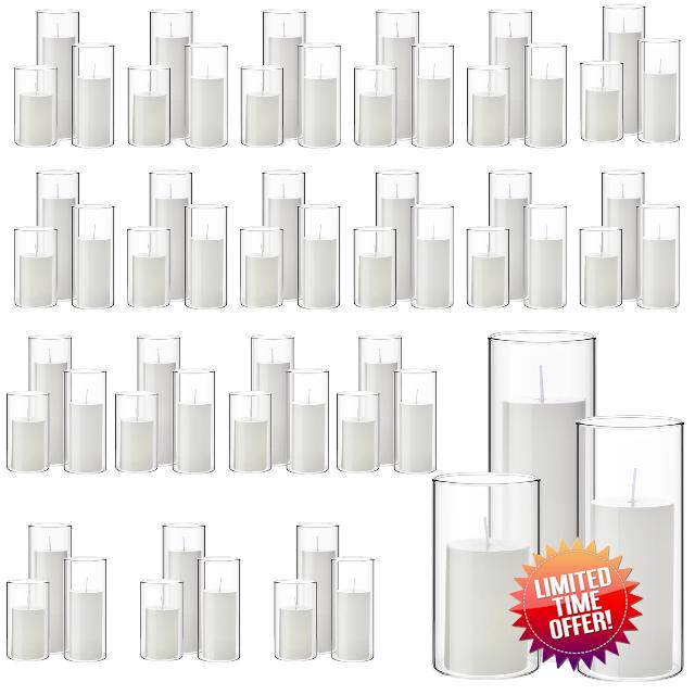 White Pillar Candles and 3 Glass Cylinder Vases Wedding Candle Cylinder Candle Holders Clear Pillar Jar (60 Sets)