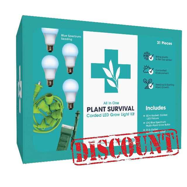 Miracle LED Plant Survival Indoor Grow Light Kit - 4 Multi-Plant Blue Spectrum 150W Replacement Grow Light Bulbs & 1 4-Socket Corded Fixture with SproutMatic Timer (6-Pack)