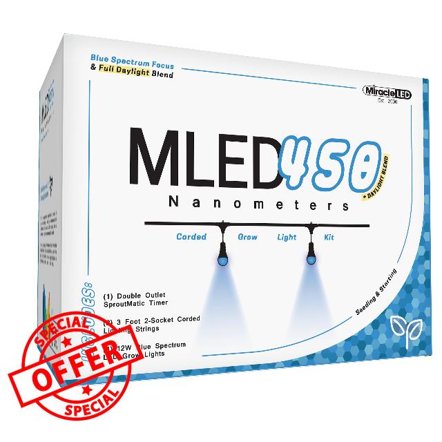 Miracle LED Nanometer 450 Indoor Grow Light Kit - Includes 2 Ultra Grow Blue Spectrum 150W Replacement Grow Light Bulbs & 1 2-Socket Corded Fixture with SproutMatic Timer (2-Pack)