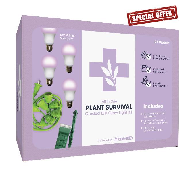 Miracle LED Plant Survival Indoor Grow Light Kit - 4 Multi-Plant Red & Blue Spectrum 150W Replacement Grow Light Bulbs & 1 4-Socket Corded Fixture with SproutMatic Timer (4-Pack)