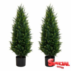 Two 35''Outdoor Artificial Cedar Trees Artificial Topiary Shrubs UV Resistant Potted Plants Faux Cedar Pines